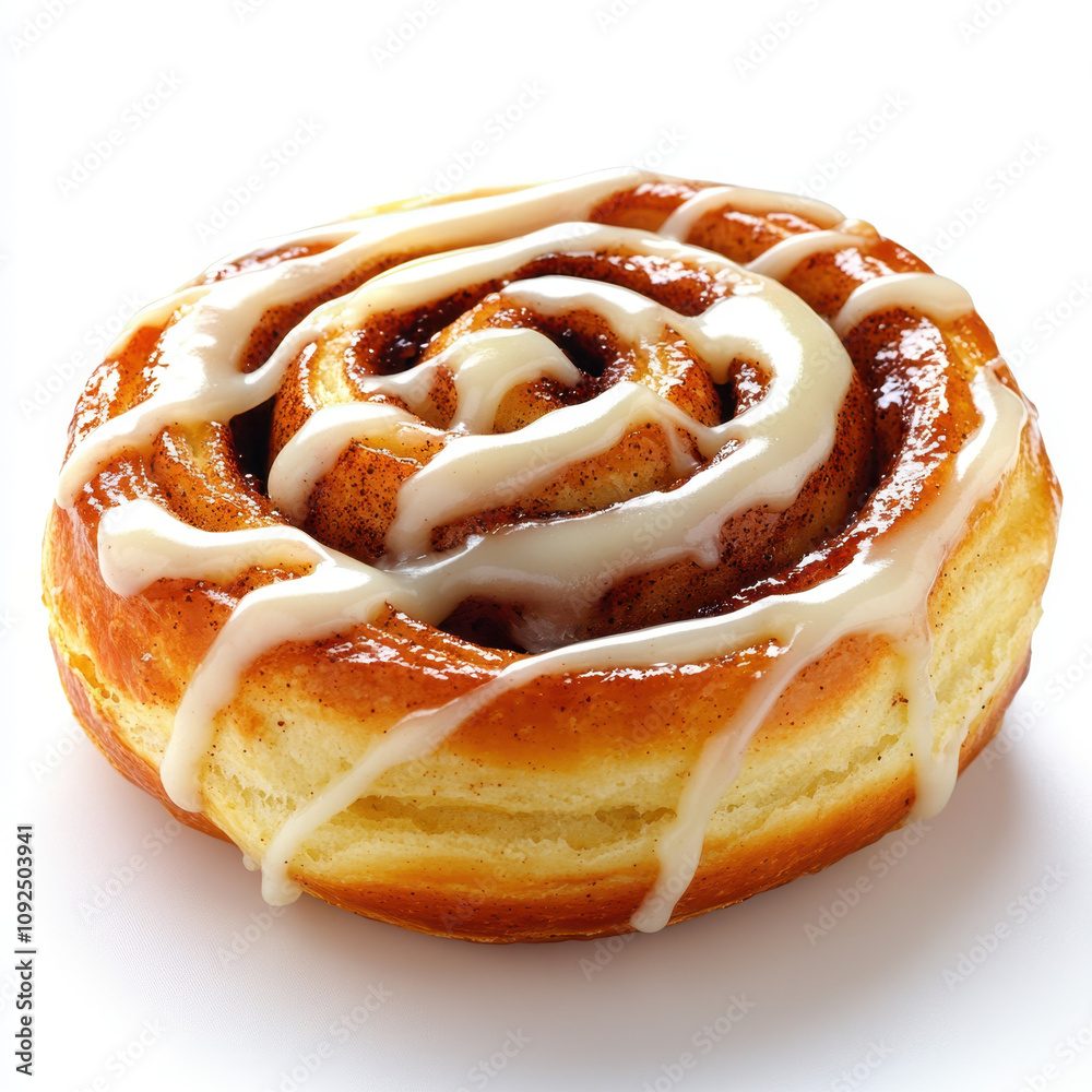 Fototapeta premium Freshly baked cinnamon roll with glossy icing, perfect for dessert. This delicious pastry features soft, fluffy texture and rich cinnamon flavor, making it irresistible treat