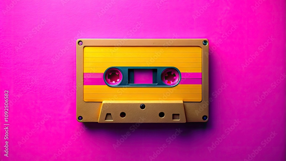 Obraz premium Vintage Tape Cassette with Blank Labels on Pink Background for Retro Music Template Mockup, Nostalgic Aesthetic, DIY Projects, Music Design, Audio Retro Style, 80s Vintage Look