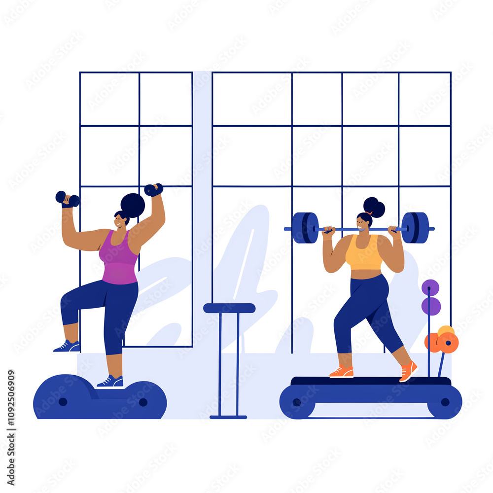 Fototapeta premium Both male and female are working out and training at the gym. Fitness enthusiasts jog on a treadmill and lift weights and dumbbells. Exercise, fitness, fitness, sport, and running. Vector ill