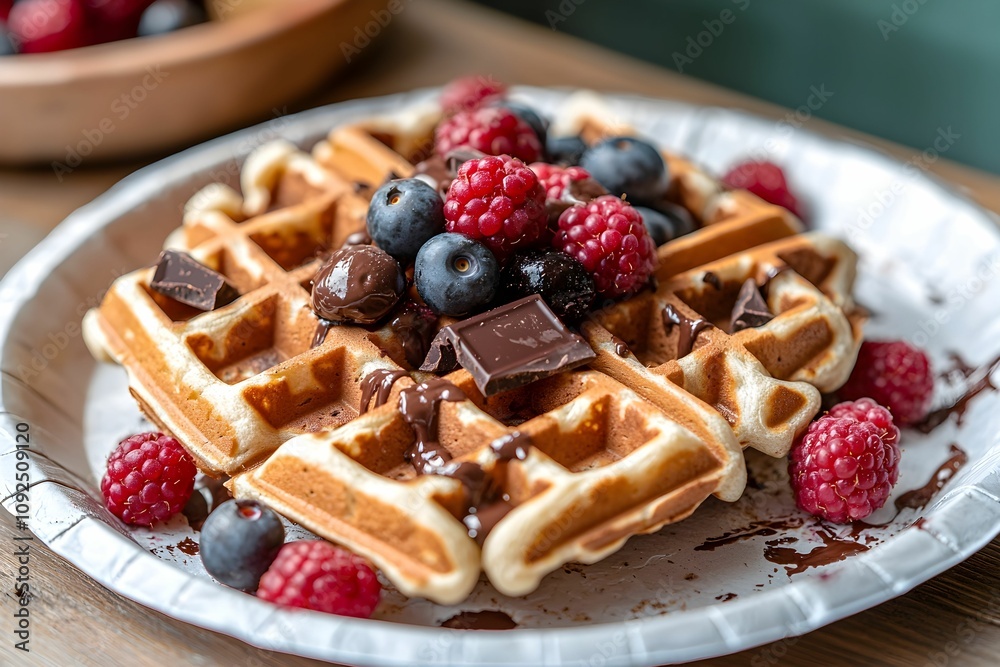 Delicious waffle topped with fresh berries and chocolate pieces Delicious waffle topped with fresh berries and chocolate pieces