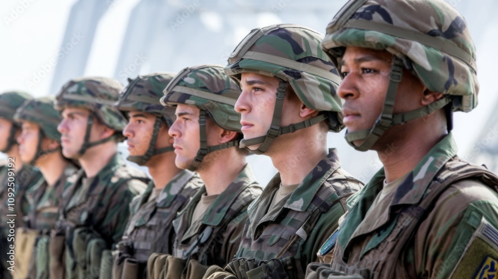 Military Personnel in Green Uniforms Aligned in a Row Military Personnel in Green Uniforms Aligned in a Row