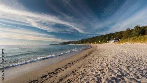 Crystal-clear water laps the golden shore beneath a vibrant sky photo