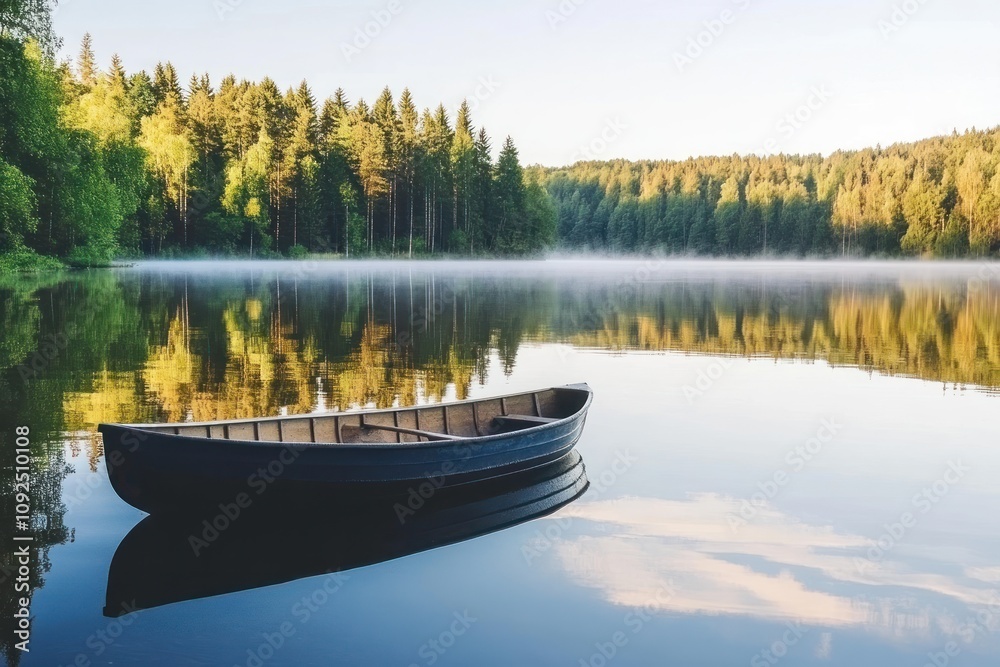 Obraz premium Tranquil Lakeside Dawn with Rowboat and Mist