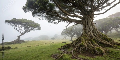 A cloudforest tree's gnarled roots blend seamlessly into the misty surroundings, cloudforest, foggy, roots photo