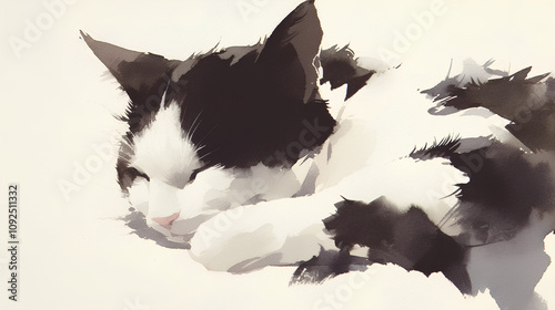 A serene watercolor rendering of a black-and-white cat gazing softly, with gentle brushstrokes, on a white surface