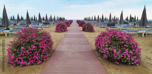 Petunia bushes with pink flowers grow along the beach path on the seafront of Bibione. Panorama. photo