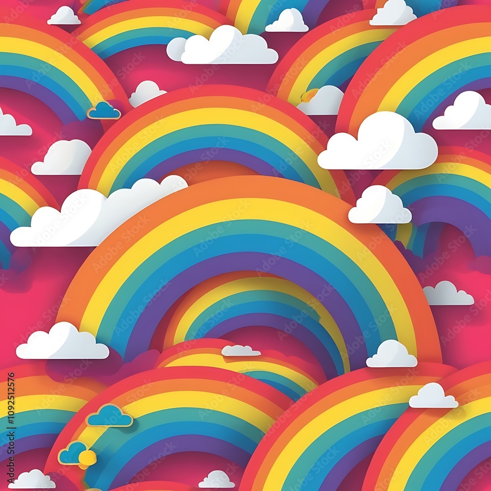 Colorful Rainbow Pattern With White Clouds and Sun Colorful Rainbow Pattern With White Clouds and Sun