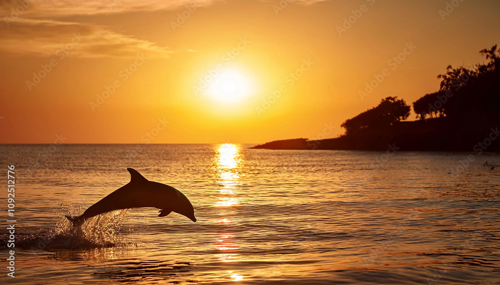 Fototapeta premium 돌고래 한 마리가 물 위를 점프하는 모습의 실루엣