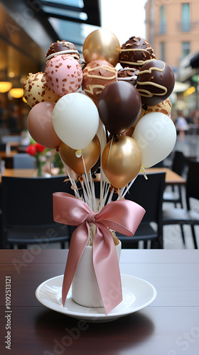 Elegant Balloon Bouquet in Neutral and Pastel Shades with Ribbon Bow. Sophisticated Party Decor for Celebratory Events