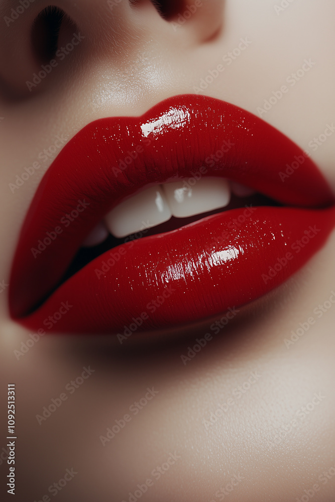 Obraz premium Close-Up of Lips With Vibrant Red Lipstick Enhancing Beauty