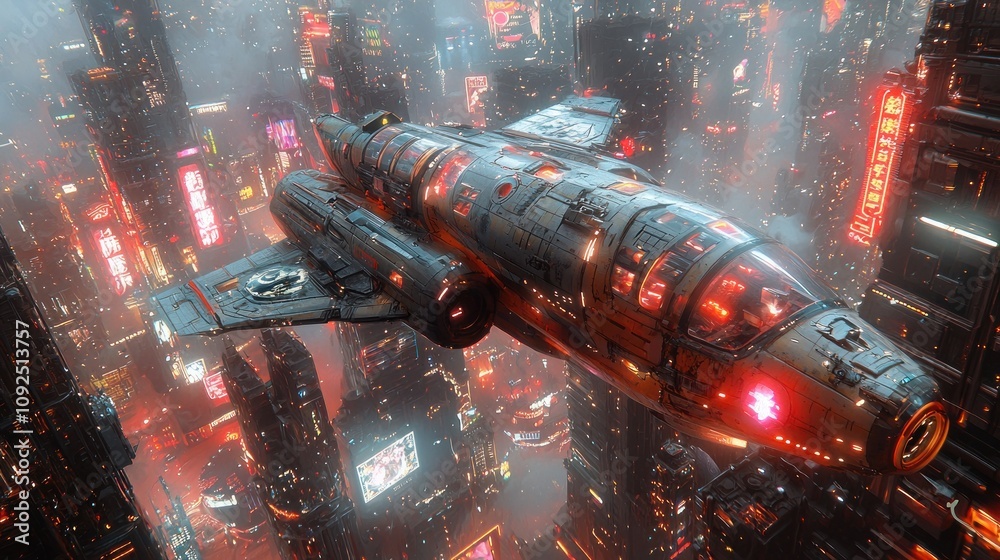 Futuristic Spaceship Soaring Over Neon Cityscape at Night Futuristic Spaceship Soaring Over Neon Cityscape at Night