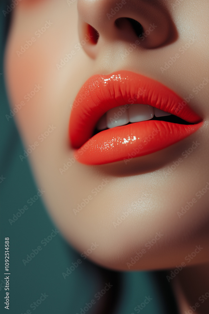 Obraz premium Vibrant Orange Lipstick on Glossy Lips in Close-Up View