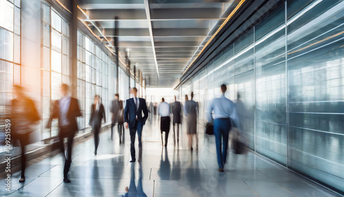 Blurred business people walking through a modern corporate office corridor