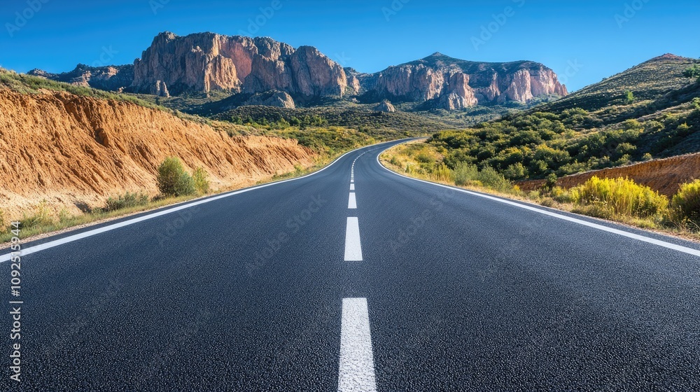 Winding asphalt road stretching through a breathtaking mountainous landscape under a vivid blue sky illuminated by bright sunlight Winding asphalt road stretching through a breathtaking mountainous landscape under a vivid blue sky illuminated by bright sunlight