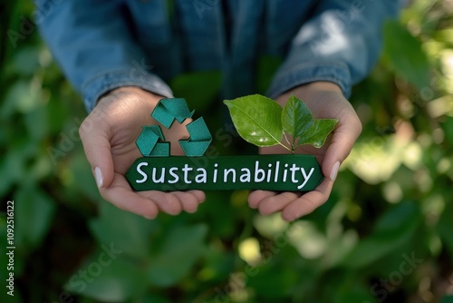 A person holds a sign showing the word sustainability along with a recycling symbol and fresh green leaves. The setting is lush with greenery, emphasizing environmental awareness. photo