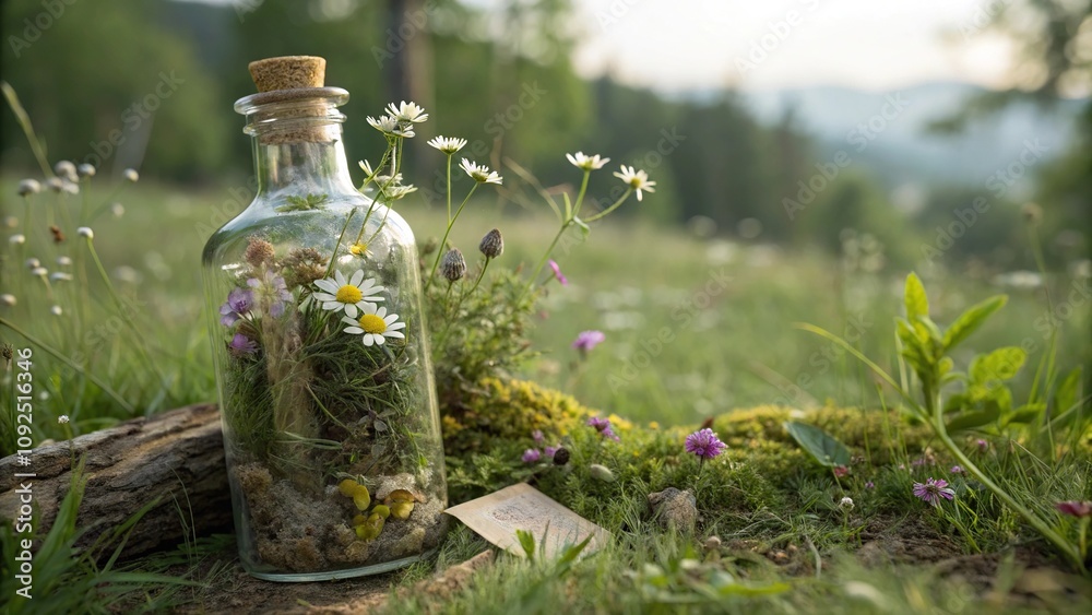 An old glass bottle filled with dried herbs and flowers in a natural setting, organic, earthy, botanical An old glass bottle filled with dried herbs and flowers in a natural setting, organic, earthy, botanical