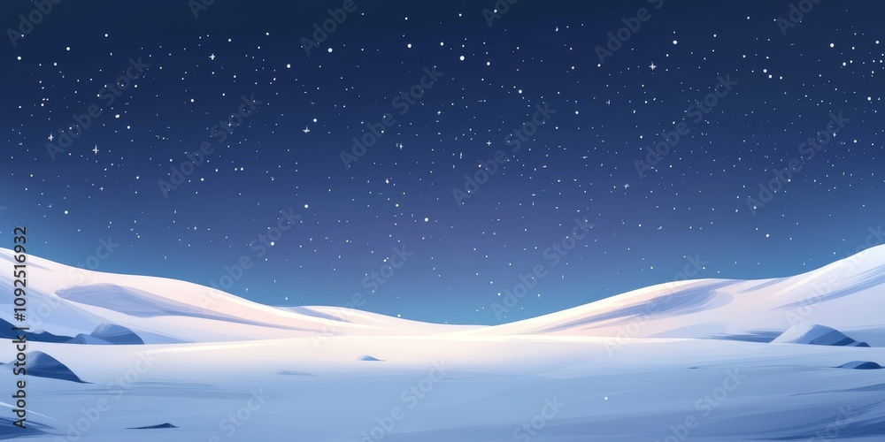Obraz premium A winter nightscape of snowy hills glowing softly under a deep blue starry sky, evoking peace and wonder in the tranquil landscape.