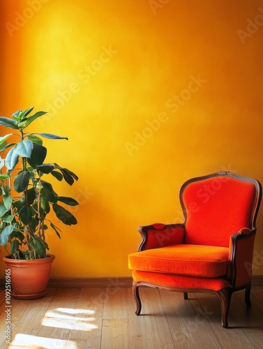 Orange armchair and plant a...