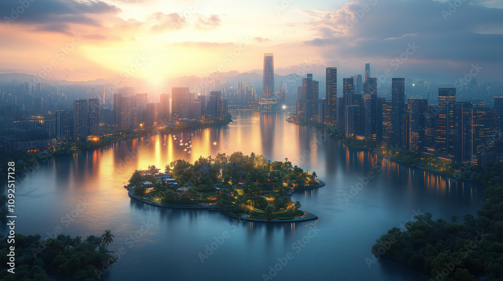 Fototapeta premium Breathtaking sunset over a vibrant city skyline reflecting on a serene river with an island. Generative AI