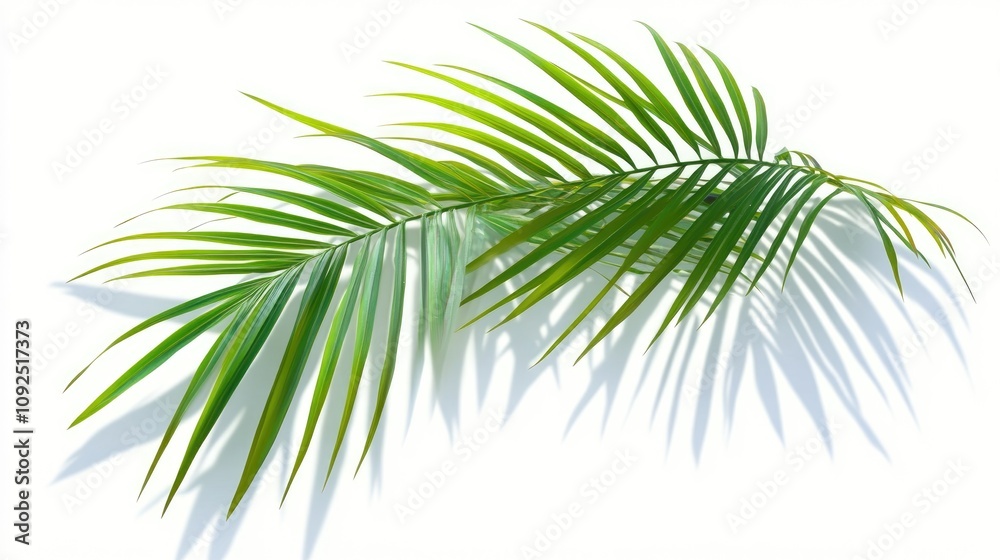 Fototapeta premium Tropical palm leaves casting intricate shadows on a bright white background, highlighting their vibrant green color and natural beauty.