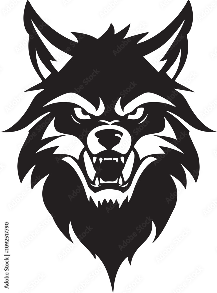 Fototapeta premium Black and white illustration of a angry wolf icon illustration on white background