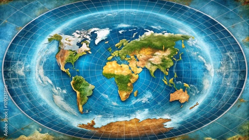 Flat Earthers Map Displayed with Geographical Elements and Key Locations in an Artistic Interpretation Following the Rule of Thirds for Enhanced Visual Appeal photo