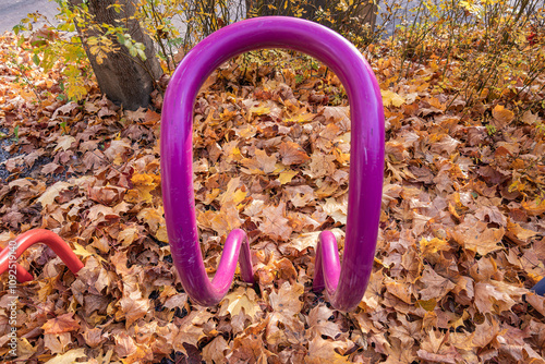 Canvas Print A vibrant purple bike rack stands empty among colorful autumn leaves