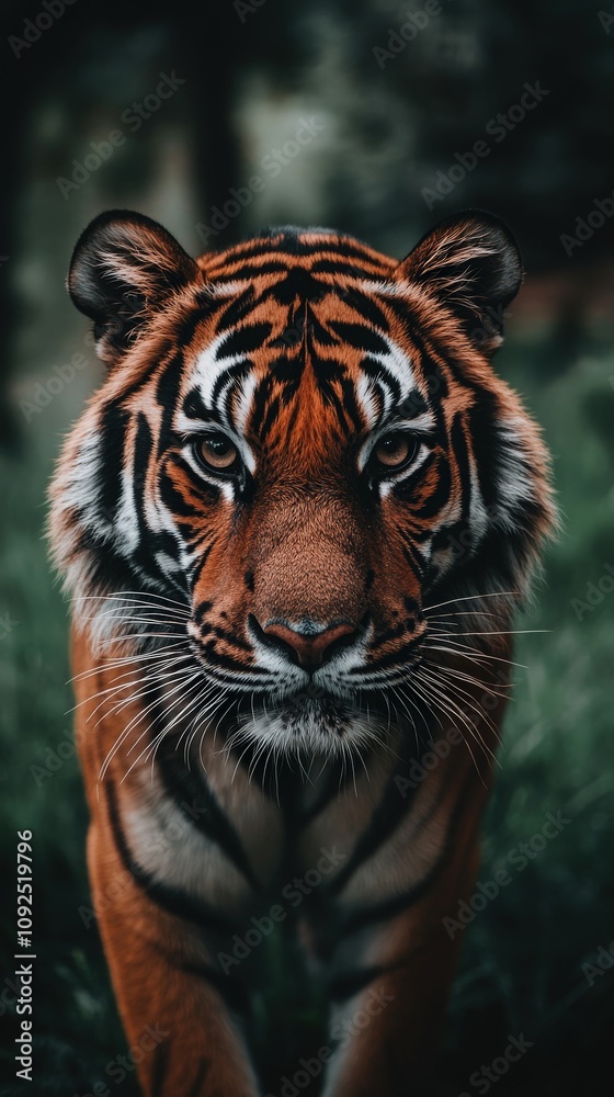 Obraz premium A majestic tiger walks through a lush, green forest with its piercing gaze focused ahead. The warm glow of twilight enhances its striking orange and black stripes, creating an awe-inspiring sight.