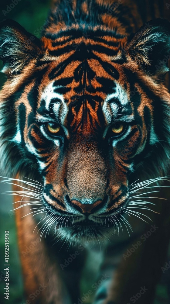A majestic tiger moves forward with a focused expression, showcasing its striking orange and black stripes. The lush greenery in the background enhances the atmosphere of the wild. A majestic tiger moves forward with a focused expression, showcasing its striking orange and black stripes. The lush greenery in the background enhances the atmosphere of the wild.