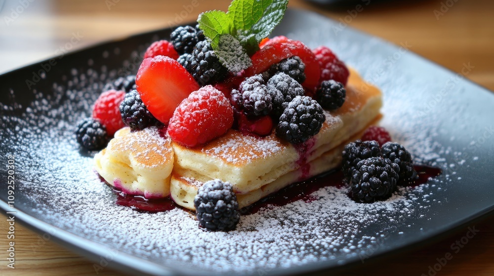 Fluffy Pancakes Stacked with Cream and Topped with Assorted Fresh Berries and a Dusting of Powdered Sugar Fluffy Pancakes Stacked with Cream and Topped with Assorted Fresh Berries and a Dusting of Powdered Sugar