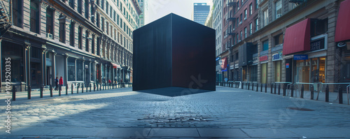 Black cube floating in an empty city street.