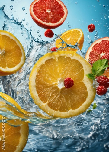 a lemon and oranges are being splashed with water.