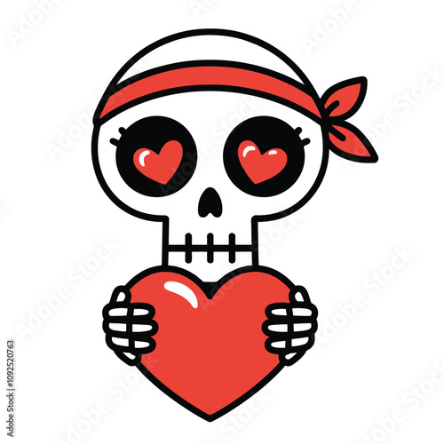 Cute Skeleton with Red Heart and Bandana Illustration