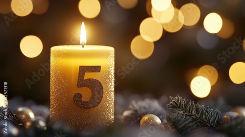 Golden birthday candle with the number 5, softly glowing against a blurred festive backdrop adorned with warm bokeh lights and holiday decorations. photo