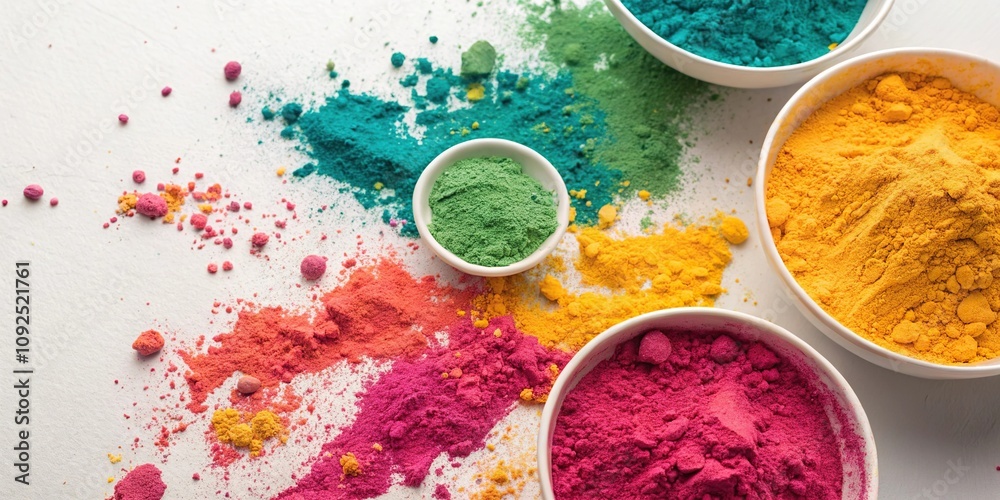 A vibrant mixture of powders and pigments from the holi celebration coats the clean white background in an abstract design pattern, holi powder, abstract design