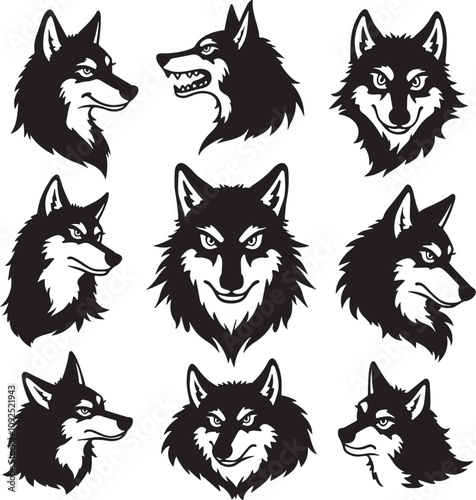 Black and white illustration of a angry wolf icon illustration on white background photo