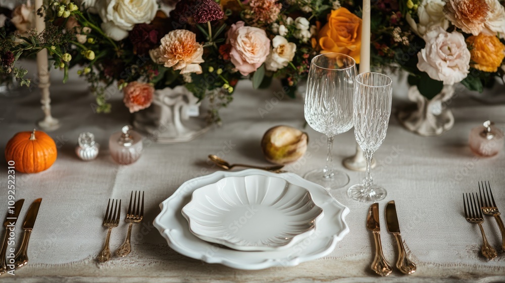Fototapeta premium Sophisticated reception table setting with white linen, delicate porcelain plates, elegant wine glasses, and floral centerpiece for a wedding or anniversary celebration