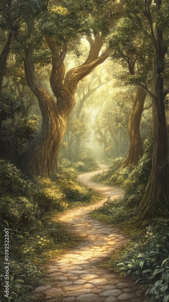 Obraz premium A serene forest path is illuminated by sunlight filtering through dense trees in the early morning. Lush greenery surrounds the winding trail, creating a tranquil atmosphere.