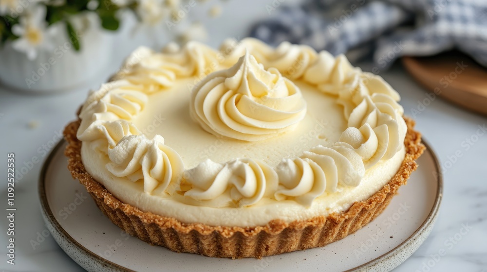 Creamy white dessert in a golden crust, elegantly adorned with generous swirls of whipped cream around the edge. Creamy white dessert in a golden crust, elegantly adorned with generous swirls of whipped cream around the edge.
