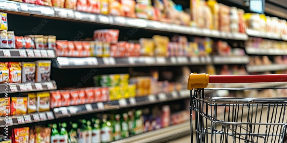 A close-up of a shopping cart handle in front of a blurry supermarket aisle. A close-up of a shopping cart handle in front of a blurry supermarket aisle.