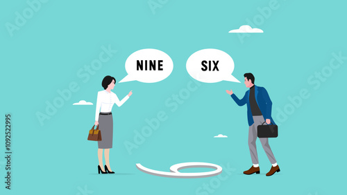 different opinion because different viewing angle, differences in ways of thinking or searching for solutions, businessman and woman argue from different points of view to determine number nine or six