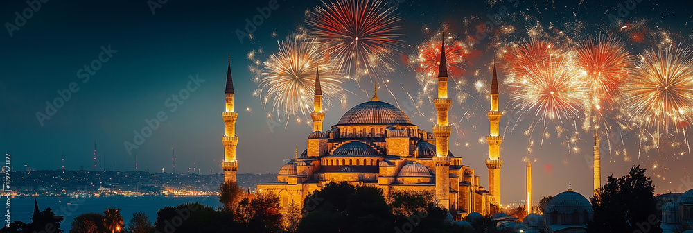 Obraz premium The Blue Mosque in Istanbul with Fireworks Display