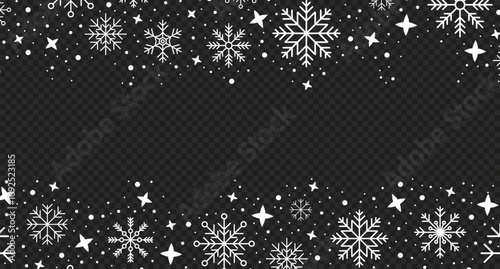 Abstract snowflake border. Snowflakes pattern. Snowfall repeat backdrop. Winter holidays theme. Background with snowflakes. Vector illustration