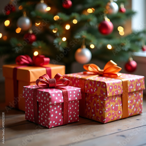 Gifts in bright boxes on the floor under the Christmas tree