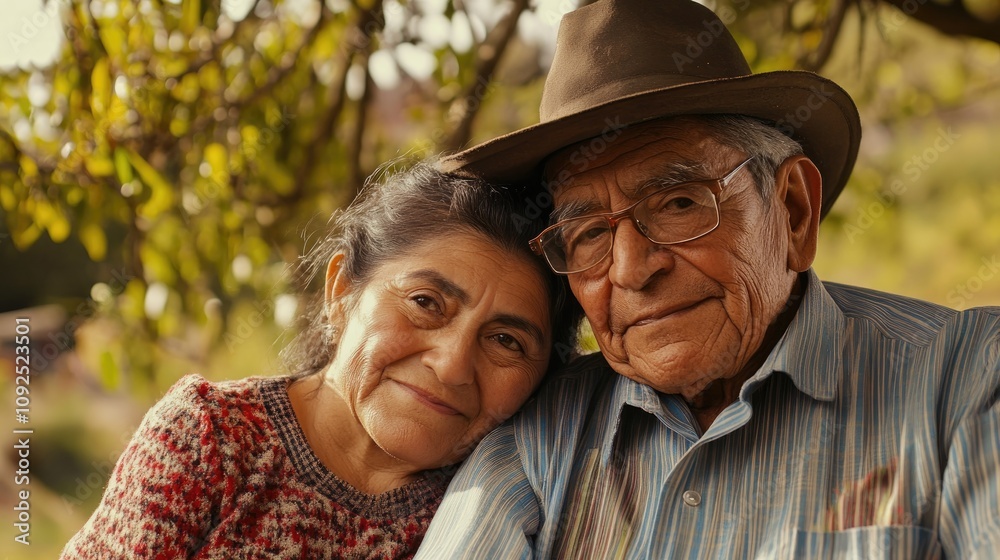 Elderly couple sharing a joyful moment outdoors, embracing their love with warm smiles against a natural background.