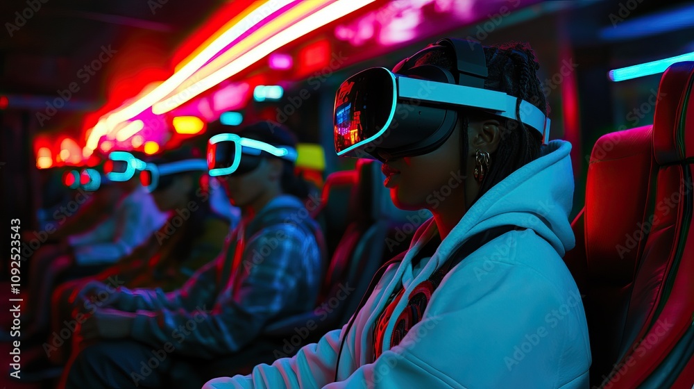 A diverse set of people experiences the wonders of virtual reality, fully engaged with advanced technology amid neon lights