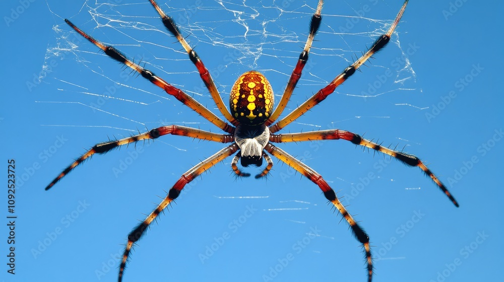 Female red-legged golden orb weaver spider gracefully positioned in her intricate web against a vibrant clear blue sky backdrop. Female red-legged golden orb weaver spider gracefully positioned in her intricate web against a vibrant clear blue sky backdrop.