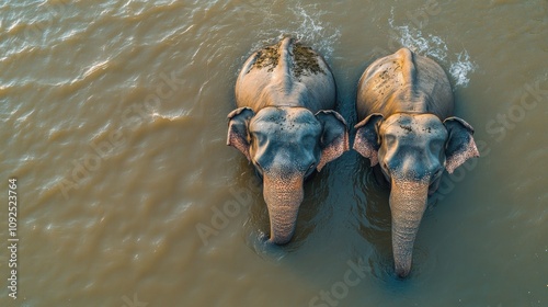  elephants are bathing in murky river water , top view