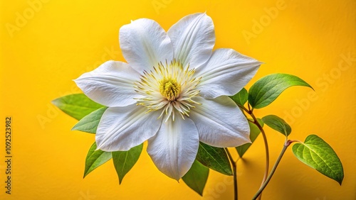 The elegant white clematis showcases its beauty against a cheerful yellow backdrop, making it a perfect centerpiece for lively floral arrangements.