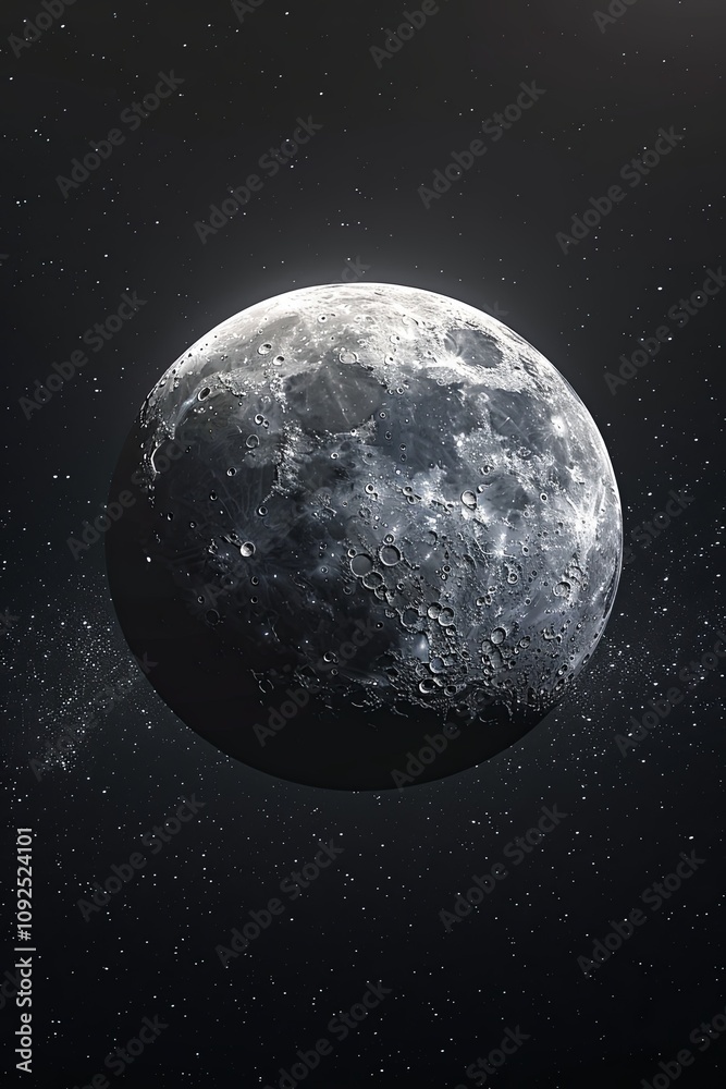 Obraz premium A close-up view of the moon in a dark night sky, with visible craters and stars.